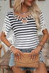 Striped Cross Strap Lace Detail Short Sleeve Blouse