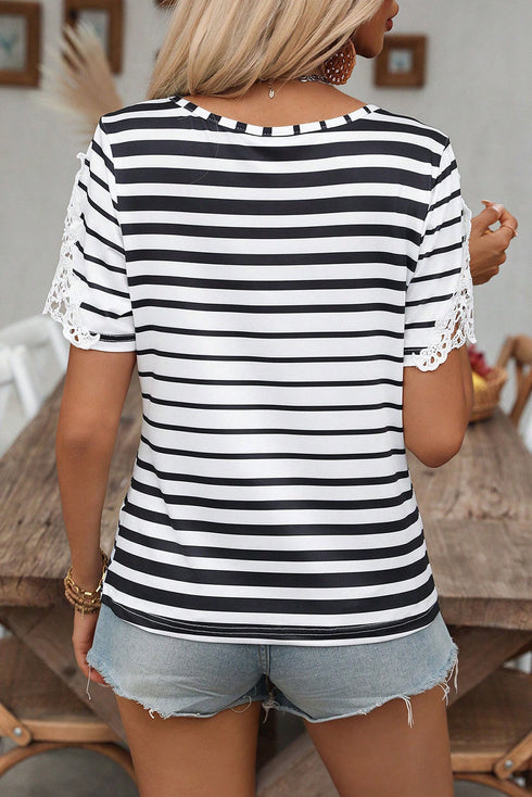 Striped Cross Strap Lace Detail Short Sleeve Blouse