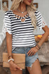 Striped Cross Strap Lace Detail Short Sleeve Blouse