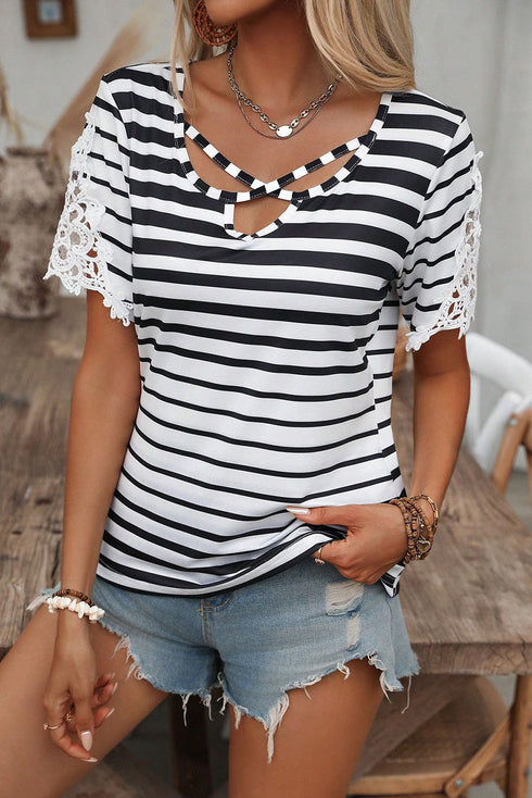 Striped Cross Strap Lace Detail Short Sleeve Blouse