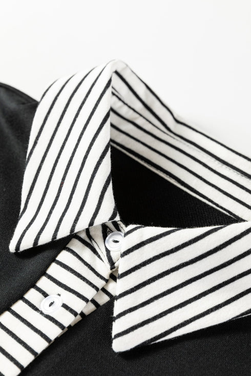 Striped Cuff Polo Collar Patchwork Ruffle Hem Mini Dress