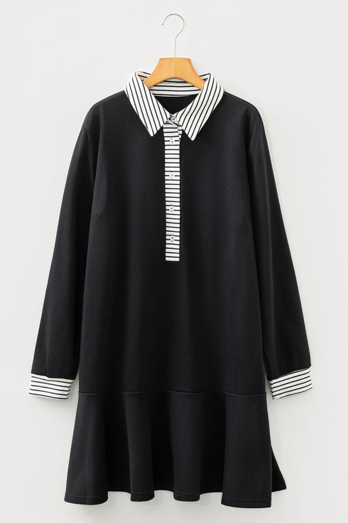 Striped Cuff Polo Collar Patchwork Ruffle Hem Mini Dress
