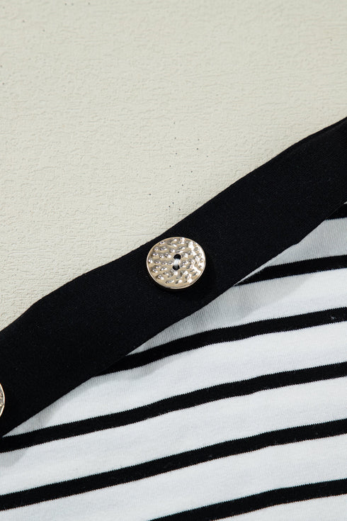 Striped Cuffed Sleeve Button Detail Loose Fit Tee