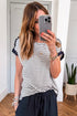 Striped Cuffed Sleeve Button Detail Loose Fit Tee