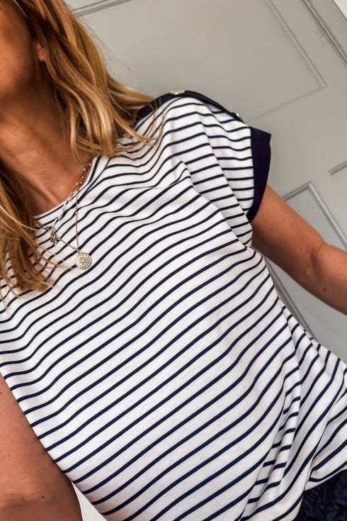 Striped Cuffed Sleeve Button Detail Loose Fit Tee