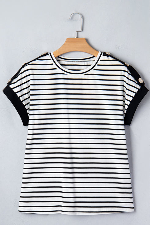 Striped Cuffed Sleeve Button Detail Loose Fit Tee