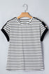 Striped Cuffed Sleeve Button Detail Loose Fit Tee