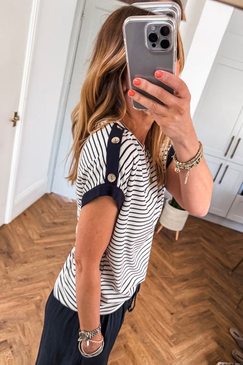 Striped Cuffed Sleeve Button Detail Loose Fit Tee