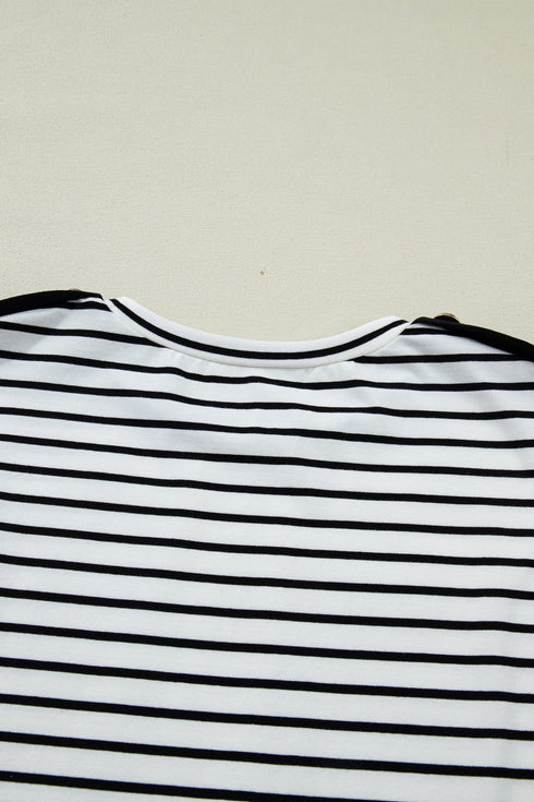 Striped Cuffed Sleeve Button Detail Loose Fit Tee