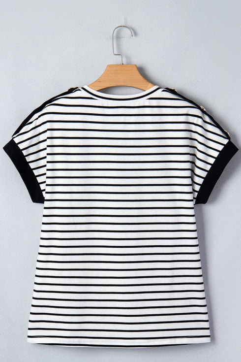 Striped Cuffed Sleeve Button Detail Loose Fit Tee