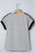 Striped Cuffed Sleeve Button Detail Loose Fit Tee