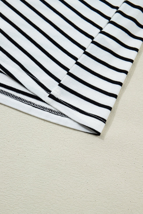 Striped Cuffed Sleeve Button Detail Loose Fit Tee