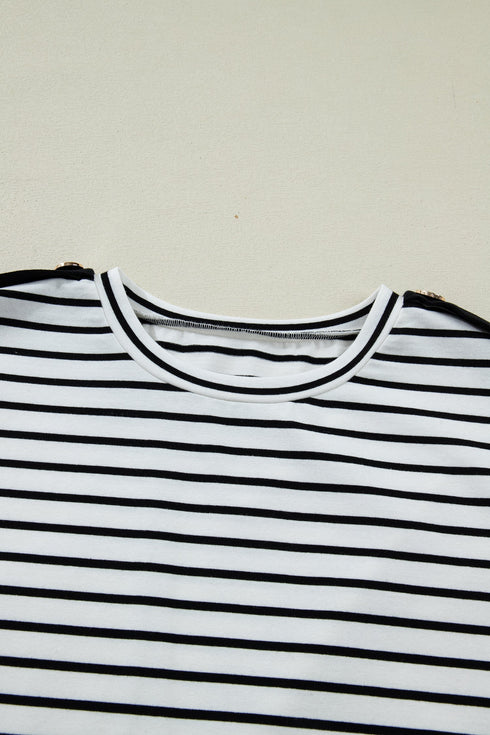 Striped Cuffed Sleeve Button Detail Loose Fit Tee