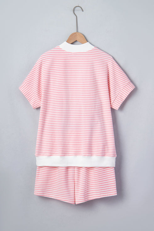 Striped Cuffed Sleeve Contrast Mock Neck Two Piece Short Set