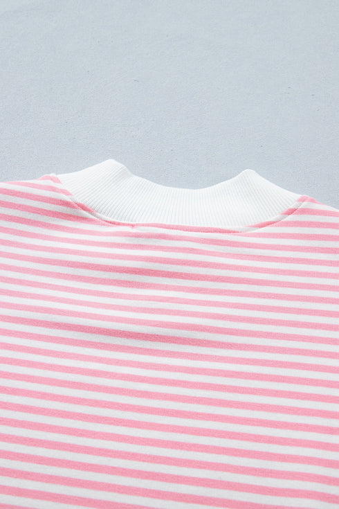 Striped Cuffed Sleeve Contrast Mock Neck Two Piece Short Set