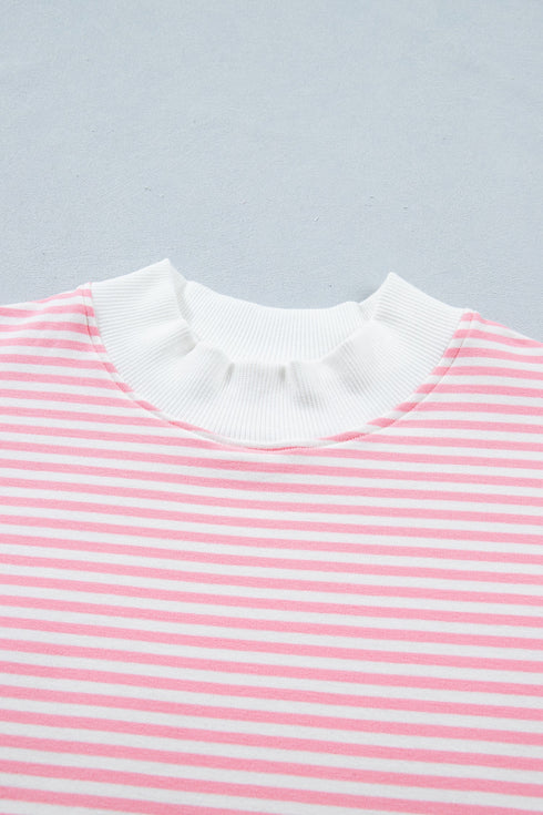 Striped Cuffed Sleeve Contrast Mock Neck Two Piece Short Set
