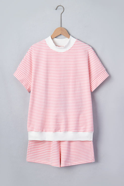 Striped Cuffed Sleeve Contrast Mock Neck Two Piece Short Set