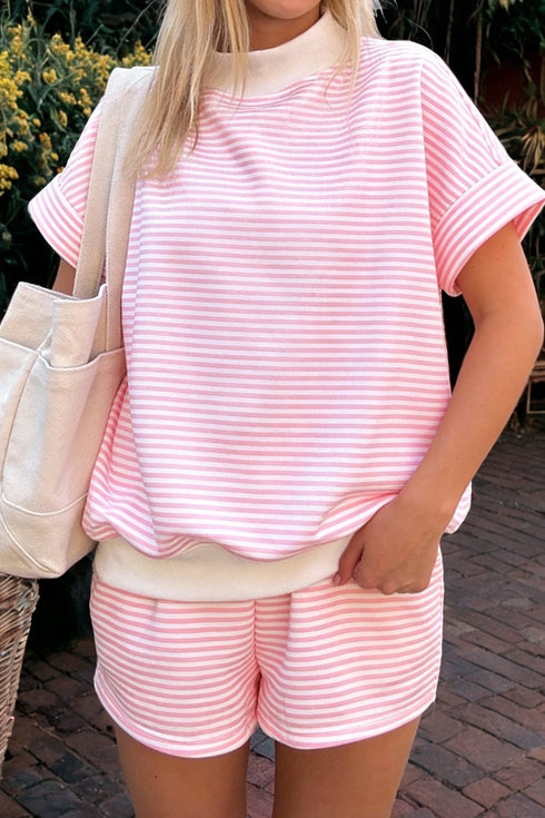 Striped Cuffed Sleeve Contrast Mock Neck Two Piece Short Set
