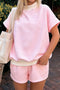 Striped Cuffed Sleeve Contrast Mock Neck Two Piece Short Set
