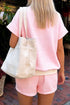 Striped Cuffed Sleeve Contrast Mock Neck Two Piece Short Set