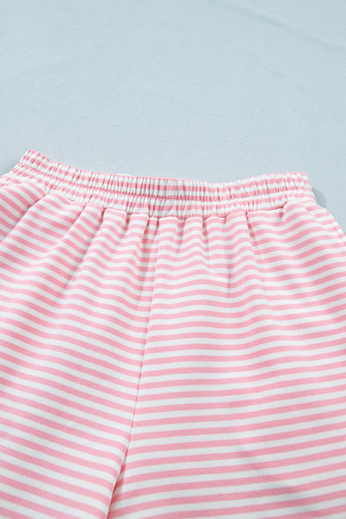 Striped Cuffed Sleeve Contrast Mock Neck Two Piece Short Set