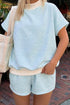 Striped Cuffed Sleeve Contrast Mock Neck Two Piece Short Set