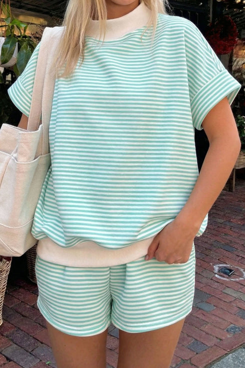 Striped Cuffed Sleeve Contrast Mock Neck Two Piece Short Set
