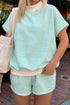 Striped Cuffed Sleeve Contrast Mock Neck Two Piece Short Set