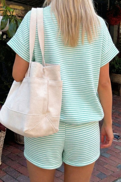Striped Cuffed Sleeve Contrast Mock Neck Two Piece Short Set