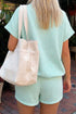 Striped Cuffed Sleeve Contrast Mock Neck Two Piece Short Set