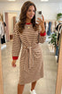 Striped Cuffs Round Neck Long Sleeve Shift Mini Dress