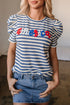 Striped Cursive Graphic Puff Sleeve Knit T-Shirt