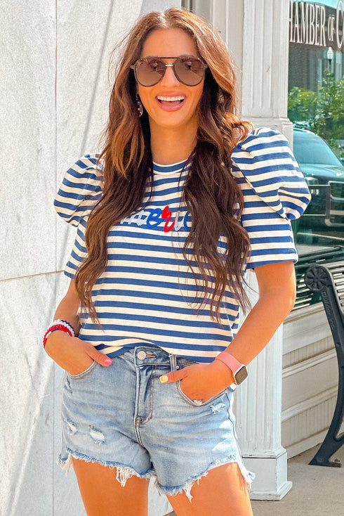 Striped Cursive Graphic Puff Sleeve Knit T-Shirt