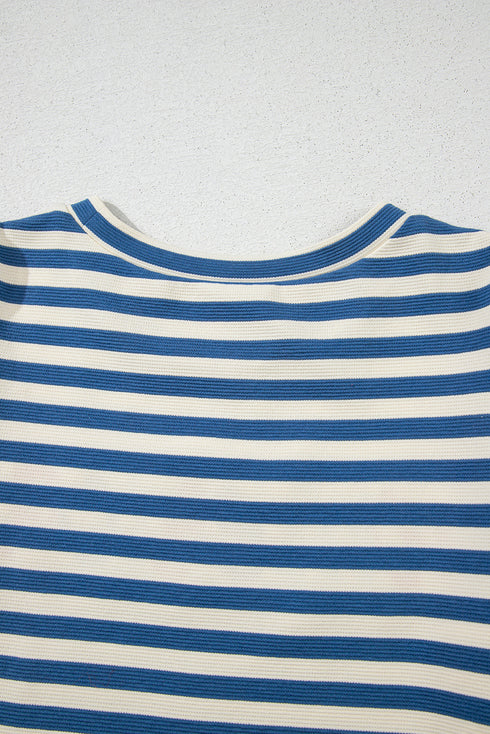 Striped Cursive Graphic Puff Sleeve Knit T-Shirt
