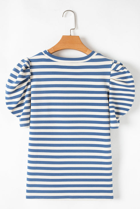 Striped Cursive Graphic Puff Sleeve Knit T-Shirt