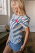 Striped Cursive Graphic Puff Sleeve Knit T-Shirt