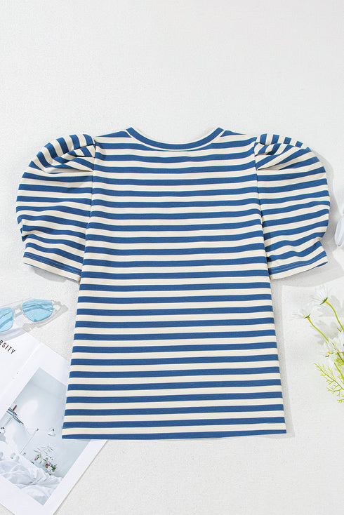 Striped Cursive Graphic Puff Sleeve Knit T-Shirt
