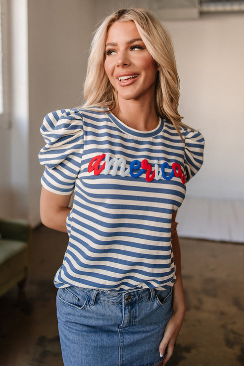 Striped Cursive Graphic Puff Sleeve Knit T-Shirt