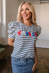 Striped Cursive Graphic Puff Sleeve Knit T-Shirt