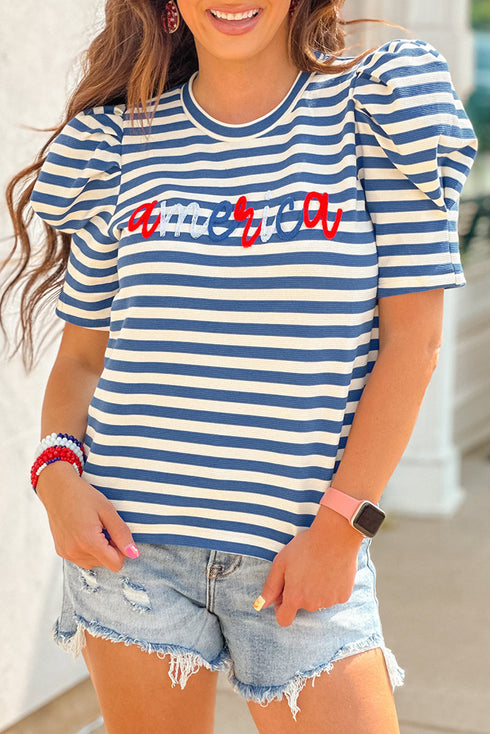 Striped Cursive Graphic Puff Sleeve Knit T-Shirt