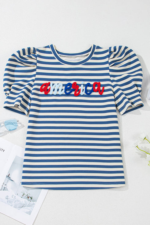 Striped Cursive Graphic Puff Sleeve Knit T-Shirt