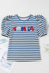 Striped Cursive Graphic Puff Sleeve Knit T-Shirt
