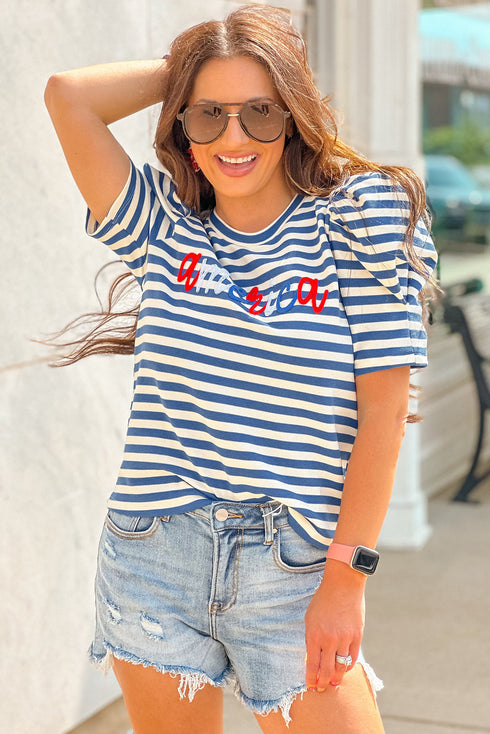 Striped Cursive Graphic Puff Sleeve Knit T-Shirt