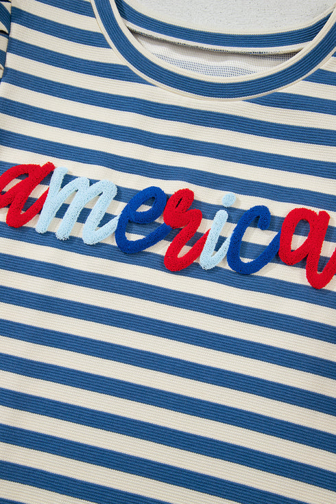 Striped Cursive Graphic Puff Sleeve Knit T-Shirt