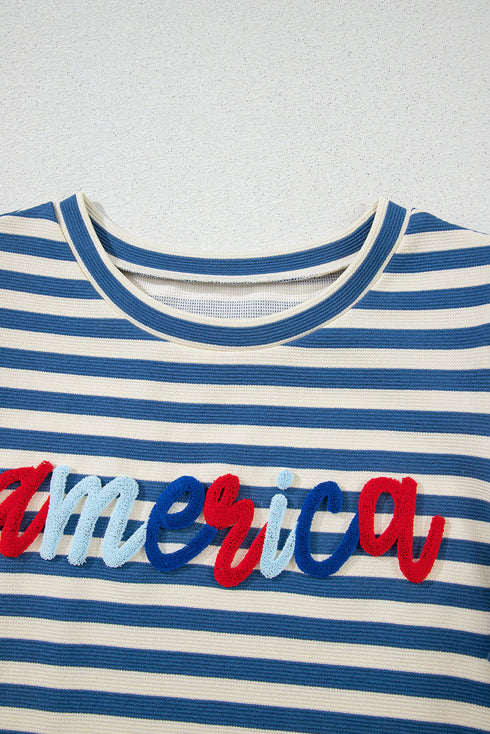 Striped Cursive Graphic Puff Sleeve Knit T-Shirt