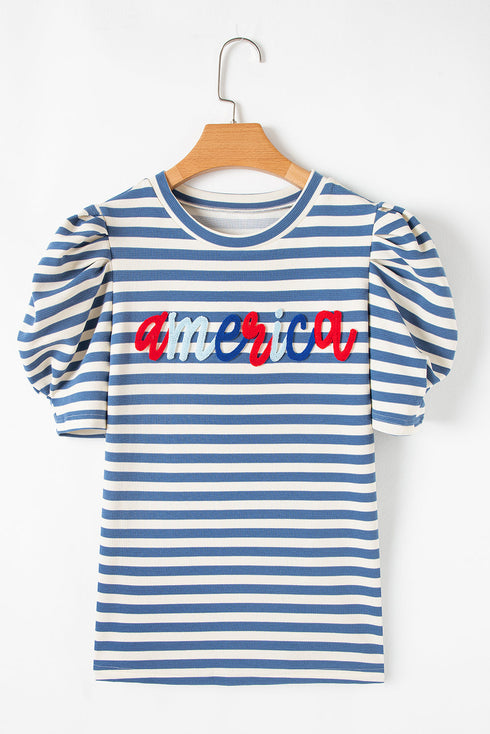 Striped Cursive Graphic Puff Sleeve Knit T-Shirt