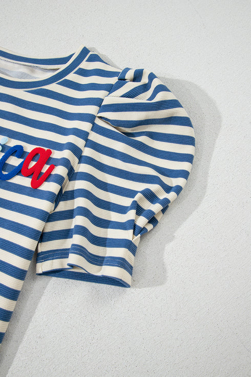 Striped Cursive Graphic Puff Sleeve Knit T-Shirt