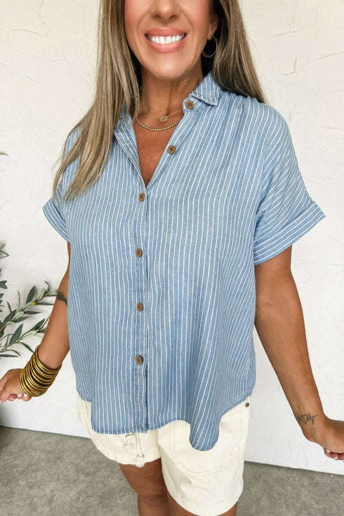 Striped Denim Cuffed Short Sleeve Loose Button Up Shirt
