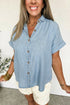 Striped Denim Cuffed Short Sleeve Loose Button Up Shirt