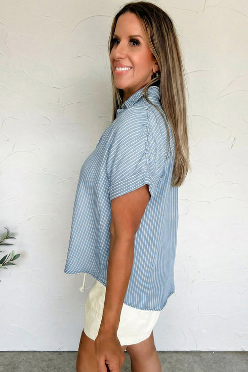Striped Denim Cuffed Short Sleeve Loose Button Up Shirt